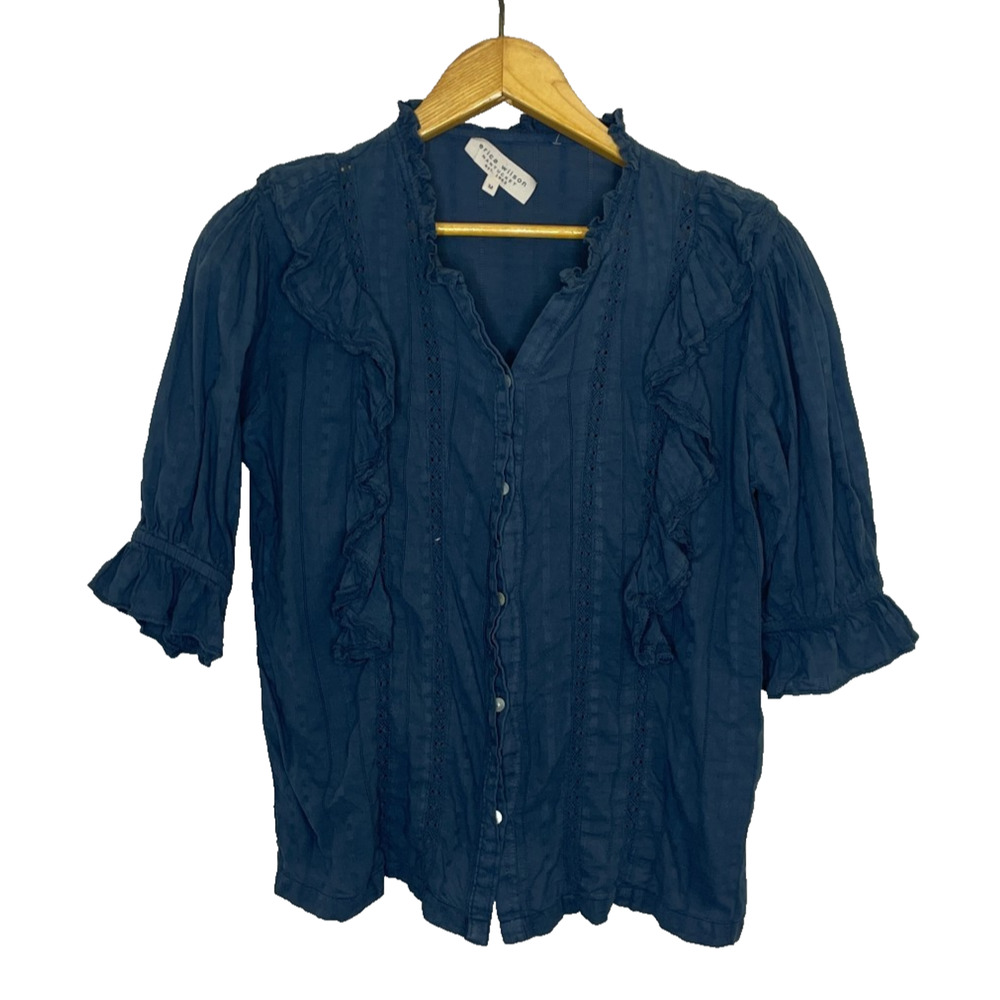 Women's Medium Erica Wilson Nantucket Navy Blue Pointelle Cotton Boho Blouse